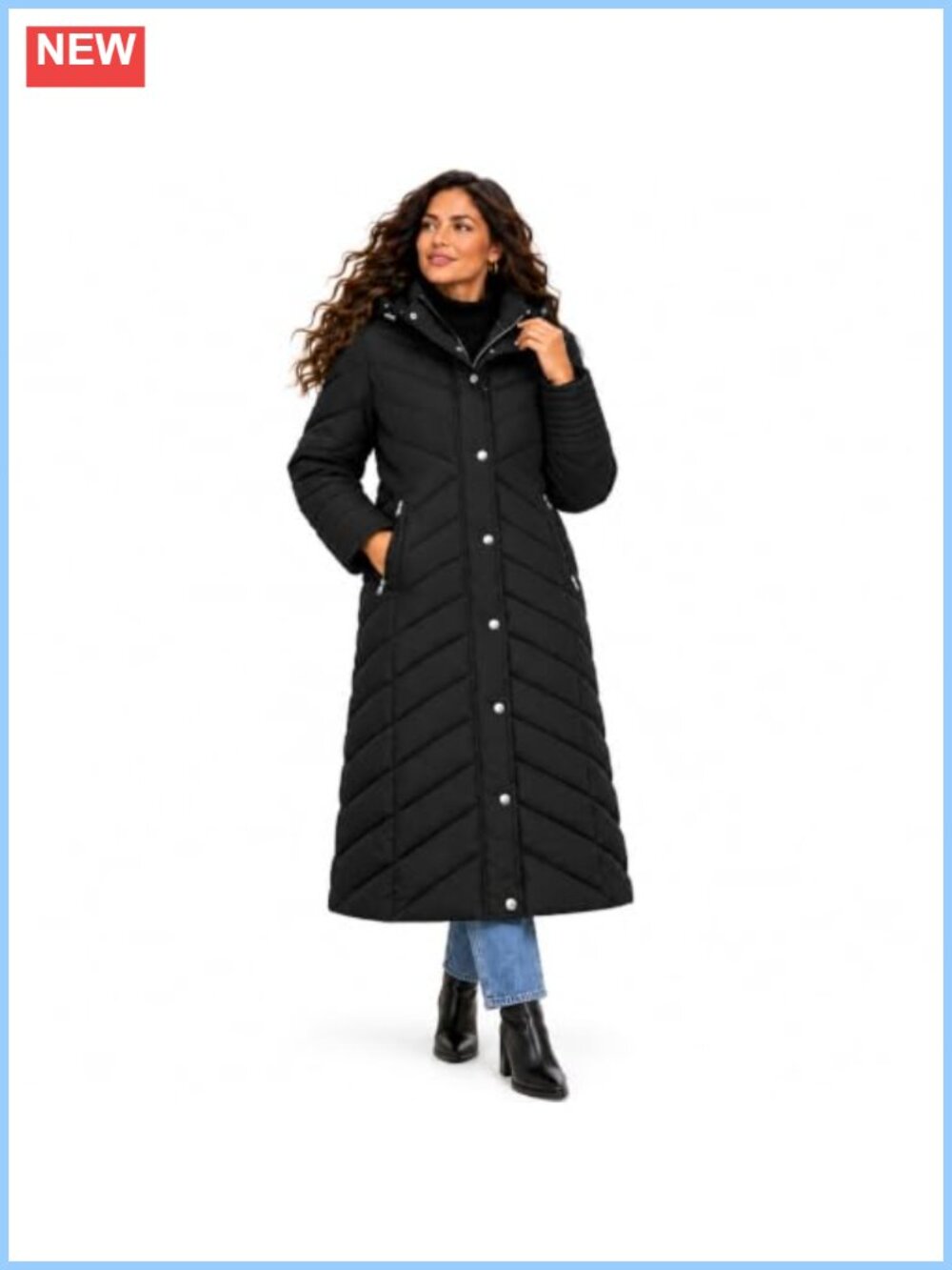 Long Chevron Maxi Puffer Coat Winter Jacket with Hood